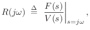 $\displaystyle R(s) \isdefs \frac{F(s)}{V(s)}
\eqsp \frac{F^{+}+F^{-}}{V^{+}+V^{-}}
\eqsp \frac{F^{+}+e^{-s2L/c}F^{+}}{V^{+}-e^{-s2L/c}V^{+}}
\eqsp R\frac{1+e^{-s2L/c}}{1-e^{-s2L/c}}
$