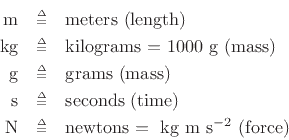 \begin{eqnarray*}
\mbox{ m}&\isdeftext & \mbox{meters (length)}\\
\mbox{ kg}&\isdeftext & \mbox{kilograms = $1000\mbox{ g}$\ (mass)}\\
\mbox{ g}&\isdeftext & \mbox{grams (mass)}\\
\mbox{ s}&\isdeftext & \mbox{seconds (time)}\\
\mbox{ N}&\isdeftext & \mbox{newtons $=\mbox{ kg}\mbox{ m}\mbox{ s}^{-2}$\ (force)}
\end{eqnarray*}