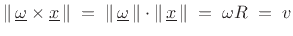 $\displaystyle \left\Vert\,\underline{\omega}\times \underline{x}\,\right\Vert \eqsp \left\Vert\,\underline{\omega}\,\right\Vert\cdot\left\Vert\,\underline{x}\,\right\Vert \eqsp \omega R \eqsp v
$