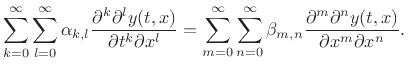 $\displaystyle \sum_{k=0}^\infty \alpha_k \frac{\partial^k y(t,x)}{\partial t^k} = \sum_{l=0}^\infty \beta_l \frac{\partial^l y(t,x)}{\partial x^l},$