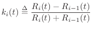 $\displaystyle k_i(t)f^{{+}}_{i-1}(t-T) + \left[1-k_i(t)\right]f^{{-}}_i(t)$