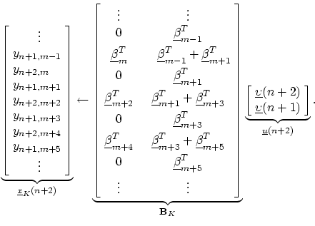 \begin{displaymath}
\underbrace{\left[\!
\begin{array}{l}
\qquad\vdots\\
y_{n+1...
...ine{\upsilon}(n+1)
\end{array}\!\right]}_{\underline{u}(n+2)}.
\end{displaymath}